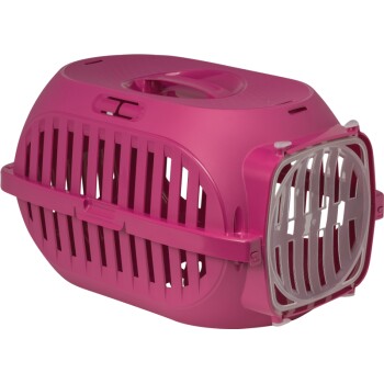 Transporteur pour animaux de compagnie rose avec un design ventilé, doté d'une poignée sur le dessus et d'un verrou sécurisé pour un transport facile.